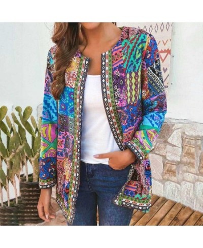 6XL Jacket Coat Women Fashion Autumn Winter Ethnic Floral Print Long Sleeve Loose Jacket Coat Cardigan Loose Outerwear Chic T...