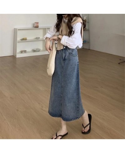 Vintage Simple Denim Skirts Women Leisure Daily Preppy Punk Simple Harajuku Female Clothes Empire Friends Comfortable Long $4...