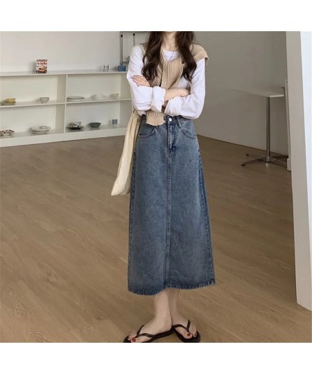 Vintage Simple Denim Skirts Women Leisure Daily Preppy Punk Simple Harajuku Female Clothes Empire Friends Comfortable Long $4...