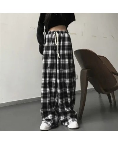 Black and White Plaid pants Oversize Women Casual Loose Wide Leg Trousers Ins Retro Teen Straight Trousers Hiphop Streetwear ...