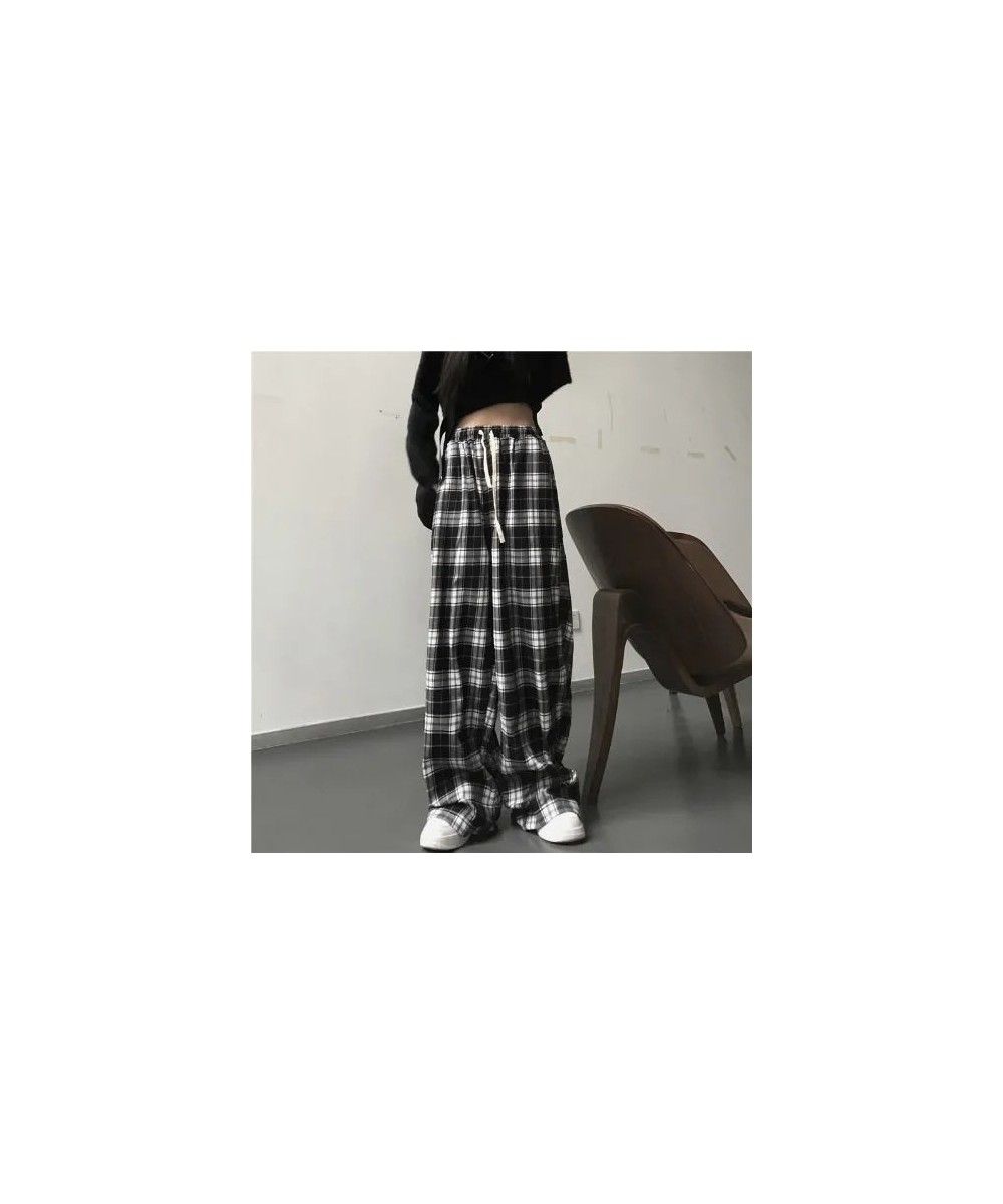 Black and White Plaid pants Oversize Women Casual Loose Wide Leg Trousers Ins Retro Teen Straight Trousers Hiphop Streetwear ...