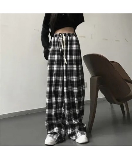 Black and White Plaid pants Oversize Women Casual Loose Wide Leg Trousers Ins Retro Teen Straight Trousers Hiphop Streetwear ...