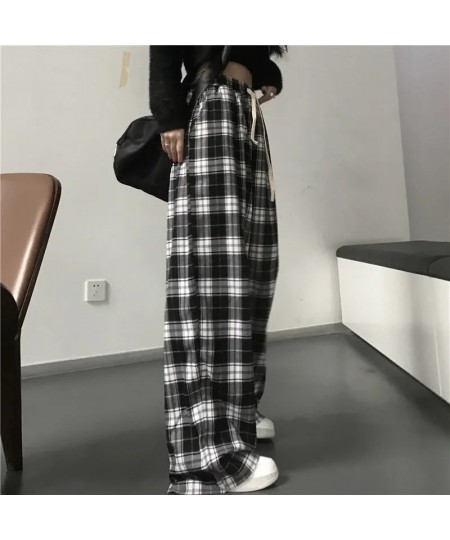 Black and White Plaid pants Oversize Women Casual Loose Wide Leg Trousers Ins Retro Teen Straight Trousers Hiphop Streetwear ...