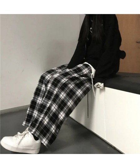 Black and White Plaid pants Oversize Women Casual Loose Wide Leg Trousers Ins Retro Teen Straight Trousers Hiphop Streetwear ...