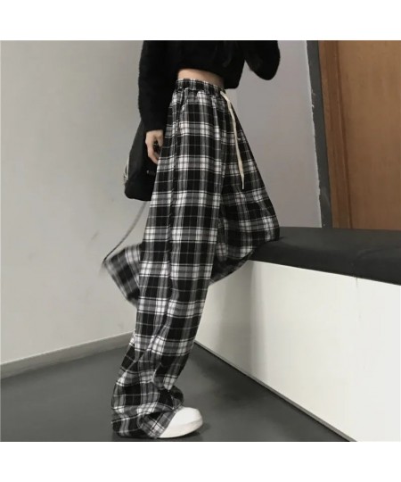 Black and White Plaid pants Oversize Women Casual Loose Wide Leg Trousers Ins Retro Teen Straight Trousers Hiphop Streetwear ...