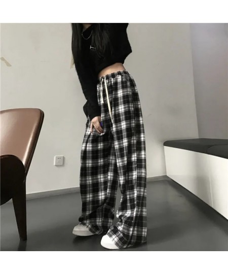 Black and White Plaid pants Oversize Women Casual Loose Wide Leg Trousers Ins Retro Teen Straight Trousers Hiphop Streetwear ...