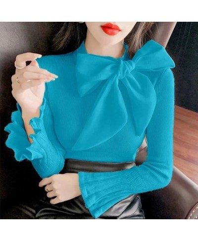 Sweet Knit Sweaters Women Fall Ribbon Bowknot Bottoming Shirts Flare Sleeves Stretch Slim Tops Autumn Fashion Knitted Pullove...