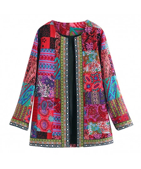 6XL Jacket Coat Women Fashion Autumn Winter Ethnic Floral Print Long Sleeve Loose Jacket Coat Cardigan Loose Outerwear Chic T...