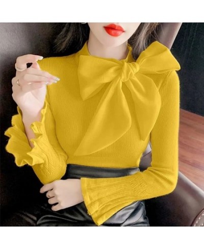 Sweet Knit Sweaters Women Fall Ribbon Bowknot Bottoming Shirts Flare Sleeves Stretch Slim Tops Autumn Fashion Knitted Pullove...