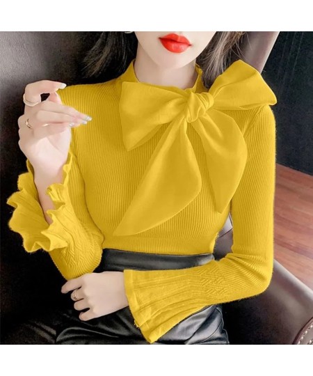 Sweet Knit Sweaters Women Fall Ribbon Bowknot Bottoming Shirts Flare Sleeves Stretch Slim Tops Autumn Fashion Knitted Pullove...