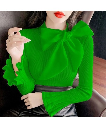 Sweet Knit Sweaters Women Fall Ribbon Bowknot Bottoming Shirts Flare Sleeves Stretch Slim Tops Autumn Fashion Knitted Pullove...