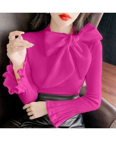 Sweet Knit Sweaters Women Fall Ribbon Bowknot Bottoming Shirts Flare Sleeves Stretch Slim Tops Autumn Fashion Knitted Pullove...