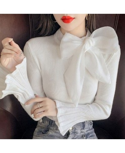 Sweet Knit Sweaters Women Fall Ribbon Bowknot Bottoming Shirts Flare Sleeves Stretch Slim Tops Autumn Fashion Knitted Pullove...