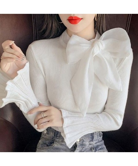 Sweet Knit Sweaters Women Fall Ribbon Bowknot Bottoming Shirts Flare Sleeves Stretch Slim Tops Autumn Fashion Knitted Pullove...