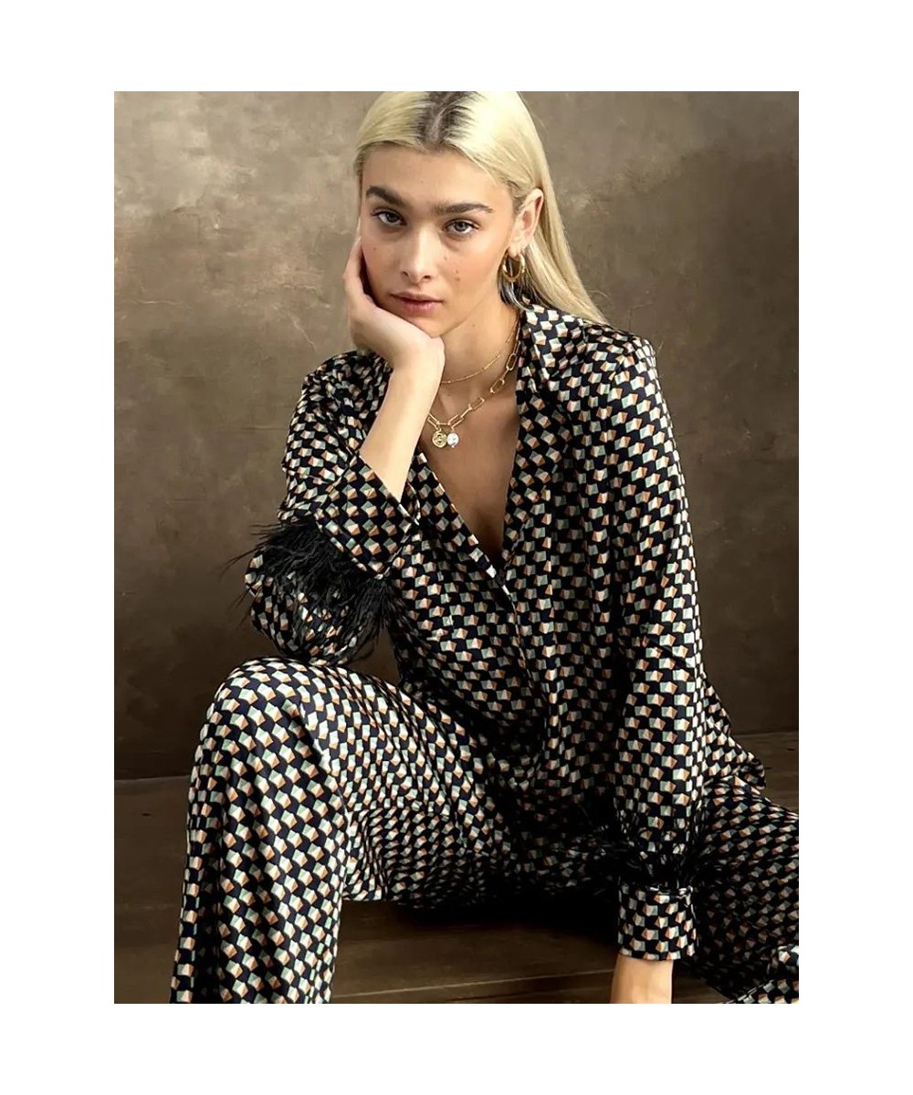 Feathers Pajamas For Women 2 Piece Sets Print Long Sleeve Turn Down Collar Sleepwear Female Casual Trouser Suits Autumn $46.8...