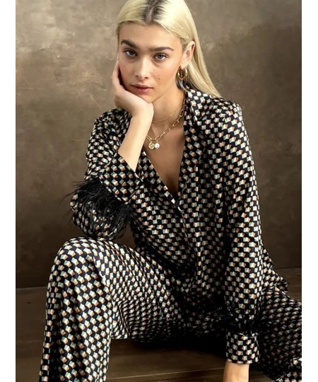 Feathers Pajamas For Women 2 Piece Sets Print Long Sleeve Turn Down Collar Sleepwear Female Casual Trouser Suits Autumn $46.8...