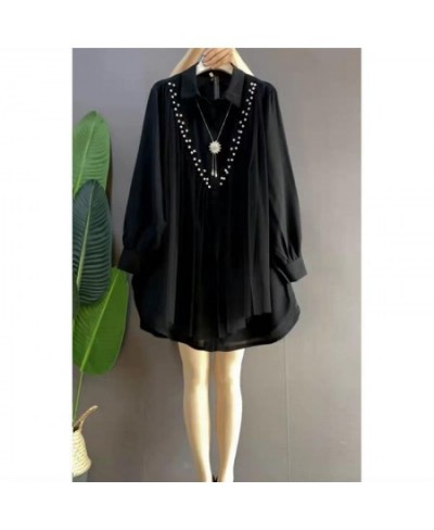 Oversized Women Spring Fall Fashion Streetwear Long Blouse Korean Ladies Fashion Lapel Beads Stitching Button Up Bottoming $4...