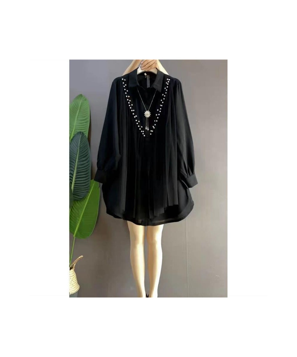 Oversized Women Spring Fall Fashion Streetwear Long Blouse Korean Ladies Fashion Lapel Beads Stitching Button Up Bottoming $4...