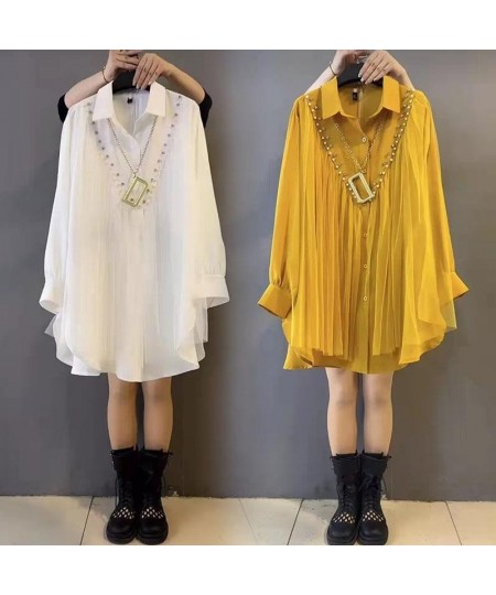 Oversized Women Spring Fall Fashion Streetwear Long Blouse Korean Ladies Fashion Lapel Beads Stitching Button Up Bottoming $4...