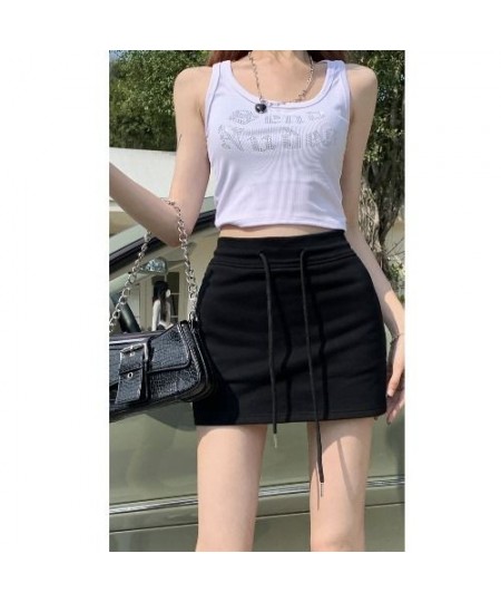 Women's Spring Summer Mid-waist Slim Bag Hip Skirt Black Grey Sports Fashion Short Skirt Solid Drawstring Hotsweet A-line Ski...