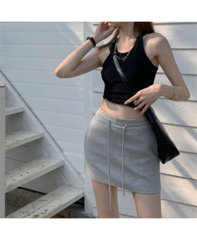 Women's Spring Summer Mid-waist Slim Bag Hip Skirt Black Grey Sports Fashion Short Skirt Solid Drawstring Hotsweet A-line Ski...