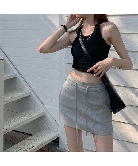 Women's Spring Summer Mid-waist Slim Bag Hip Skirt Black Grey Sports Fashion Short Skirt Solid Drawstring Hotsweet A-line Ski...