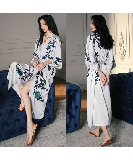 2023 spring and autumn V-neck elegant atmosphere lace-up print cardigan mid-length pajamas women's home wear $46.08 - Sleepwears