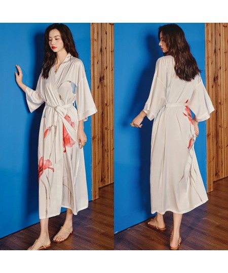 2023 spring and autumn V-neck elegant atmosphere lace-up print cardigan mid-length pajamas women's home wear $46.08 - Sleepwears