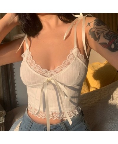 Sexy Lace Crop Top V Neck Cropped Feminino Bow Tie Up Tank Top White Cropped Ropa Mujer $23.92 - Underwear