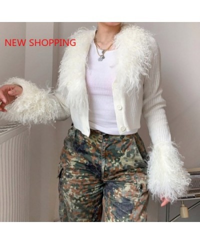 Winter Fall 2023 Fur Collar & Cuffs Cropped Cardigan Sweaters Women Fairy Elegant Fashion Single Breasted Y2K Fairycore Jacke...