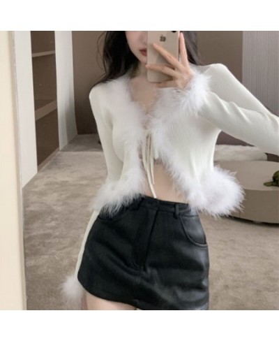 Winter Fall 2023 Fur Collar & Cuffs Cropped Cardigan Sweaters Women Fairy Elegant Fashion Single Breasted Y2K Fairycore Jacke...