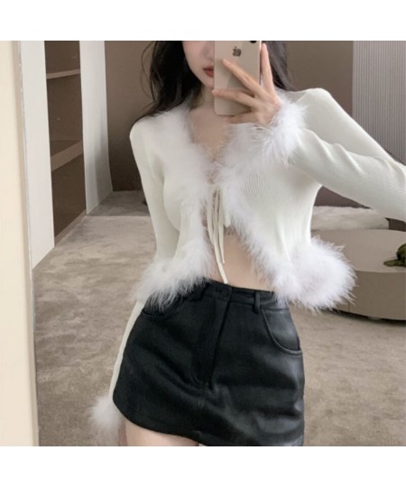 Winter Fall 2023 Fur Collar & Cuffs Cropped Cardigan Sweaters Women Fairy Elegant Fashion Single Breasted Y2K Fairycore Jacke...