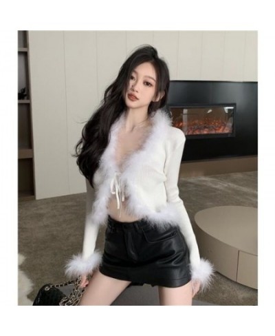 Winter Fall 2023 Fur Collar & Cuffs Cropped Cardigan Sweaters Women Fairy Elegant Fashion Single Breasted Y2K Fairycore Jacke...