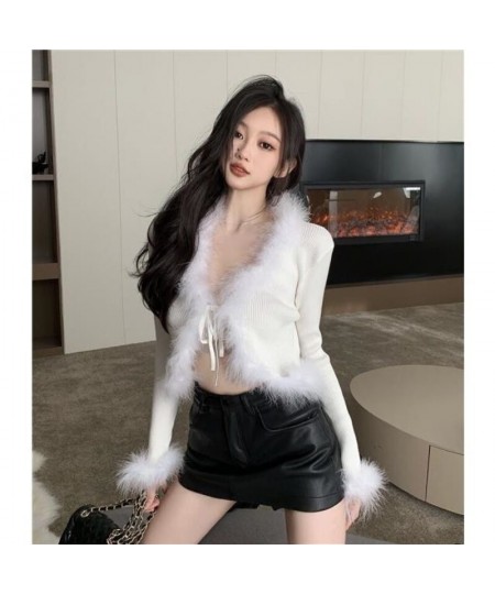 Winter Fall 2023 Fur Collar & Cuffs Cropped Cardigan Sweaters Women Fairy Elegant Fashion Single Breasted Y2K Fairycore Jacke...