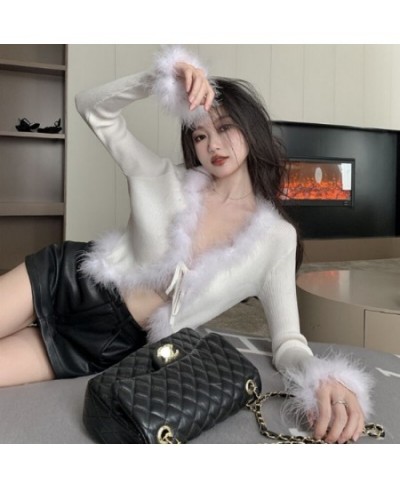 Winter Fall 2023 Fur Collar & Cuffs Cropped Cardigan Sweaters Women Fairy Elegant Fashion Single Breasted Y2K Fairycore Jacke...