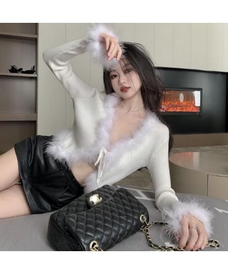 Winter Fall 2023 Fur Collar & Cuffs Cropped Cardigan Sweaters Women Fairy Elegant Fashion Single Breasted Y2K Fairycore Jacke...