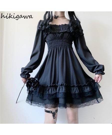 Hikigawa Korean Chic Y2k Dresses Harajuku Black Robe Femme 2023 Vestidos De Mujer Square Collar Lace Ruffles Vintage Dress $3...