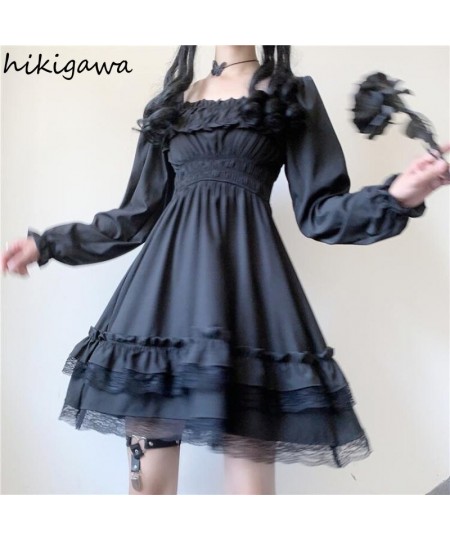 Hikigawa Korean Chic Y2k Dresses Harajuku Black Robe Femme 2023 Vestidos De Mujer Square Collar Lace Ruffles Vintage Dress $3...