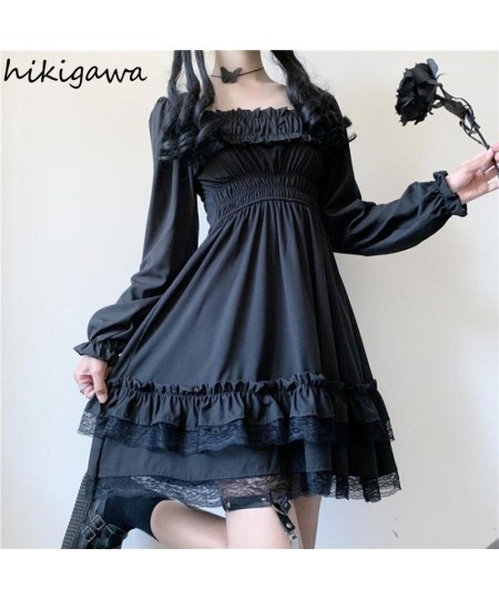 Hikigawa Korean Chic Y2k Dresses Harajuku Black Robe Femme 2023 Vestidos De Mujer Square Collar Lace Ruffles Vintage Dress $3...