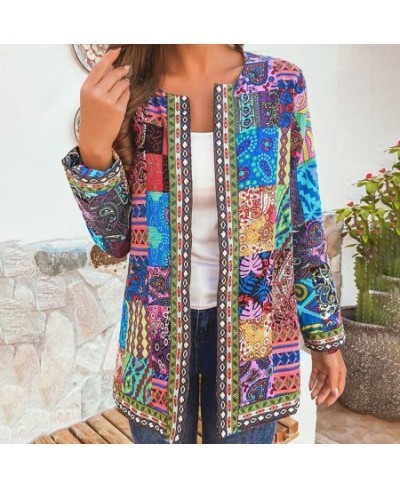 6XL Jacket Coat Women Fashion Autumn Winter Ethnic Floral Print Long Sleeve Loose Jacket Coat Cardigan Loose Outerwear Chic T...