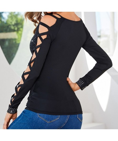 Fashion Hollow Cross Long Sleeve Slim Blouses Vintage Contrast Beaded Patchwork Office Shirt Fall Women O-neck Sexy Top $53.0...