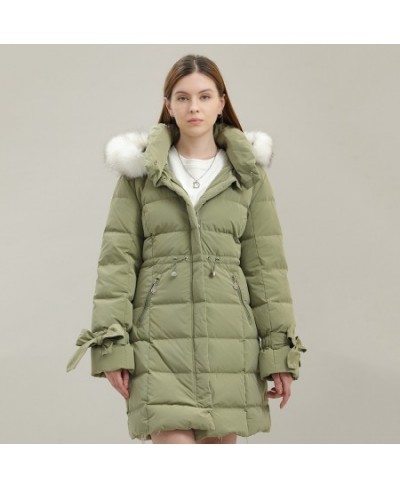 Women's winter hooded down jacket fur neck hooded long coat fashion hooded warm coat comfortable slim fit coat outdoor wear $...