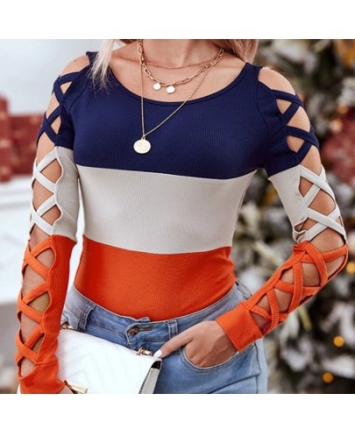 Fashion Hollow Cross Long Sleeve Slim Blouses Vintage Contrast Beaded Patchwork Office Shirt Fall Women O-neck Sexy Top $53.0...