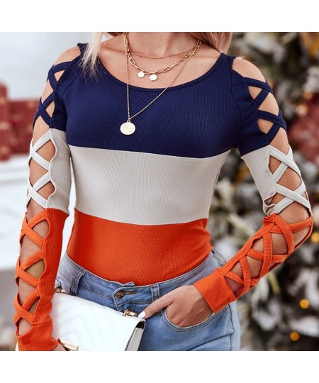 Fashion Hollow Cross Long Sleeve Slim Blouses Vintage Contrast Beaded Patchwork Office Shirt Fall Women O-neck Sexy Top $53.0...