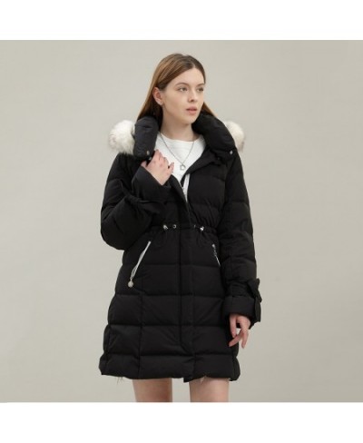 Women's winter hooded down jacket fur neck hooded long coat fashion hooded warm coat comfortable slim fit coat outdoor wear $...