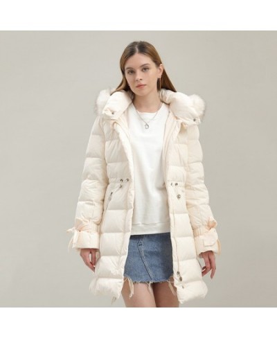 Women's winter hooded down jacket fur neck hooded long coat fashion hooded warm coat comfortable slim fit coat outdoor wear $...