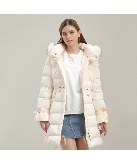 Women's winter hooded down jacket fur neck hooded long coat fashion hooded warm coat comfortable slim fit coat outdoor wear $...