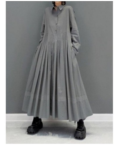 Spring/Summer Dress for Women Solid Collar Long Sleeve Panel Pleated Long Dresses Female Dress Women Clothing Streetwear Robe...