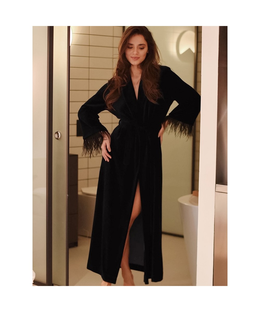 Black Feathers Robes For Women Knitted Velvet Long Sleeve V Neck Sleepwear Casual Bathrobe Female Autumn Woman Clothes $61.85...