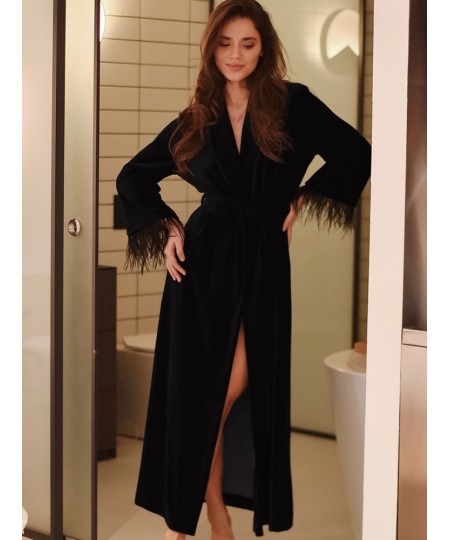 Black Feathers Robes For Women Knitted Velvet Long Sleeve V Neck Sleepwear Casual Bathrobe Female Autumn Woman Clothes $61.85...